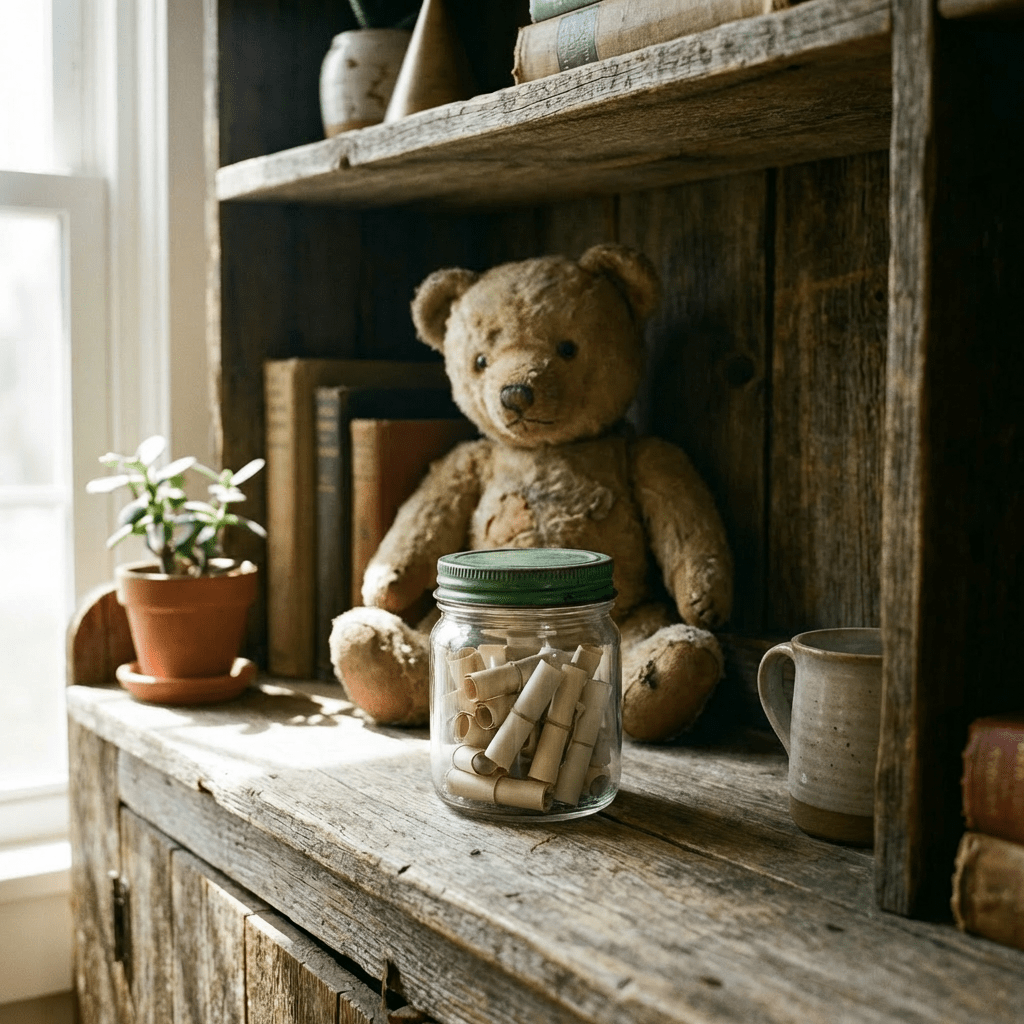 Glass jar containing rolled paper notes labeled DREAM BIG, Gratitude, and Adventure awaits.