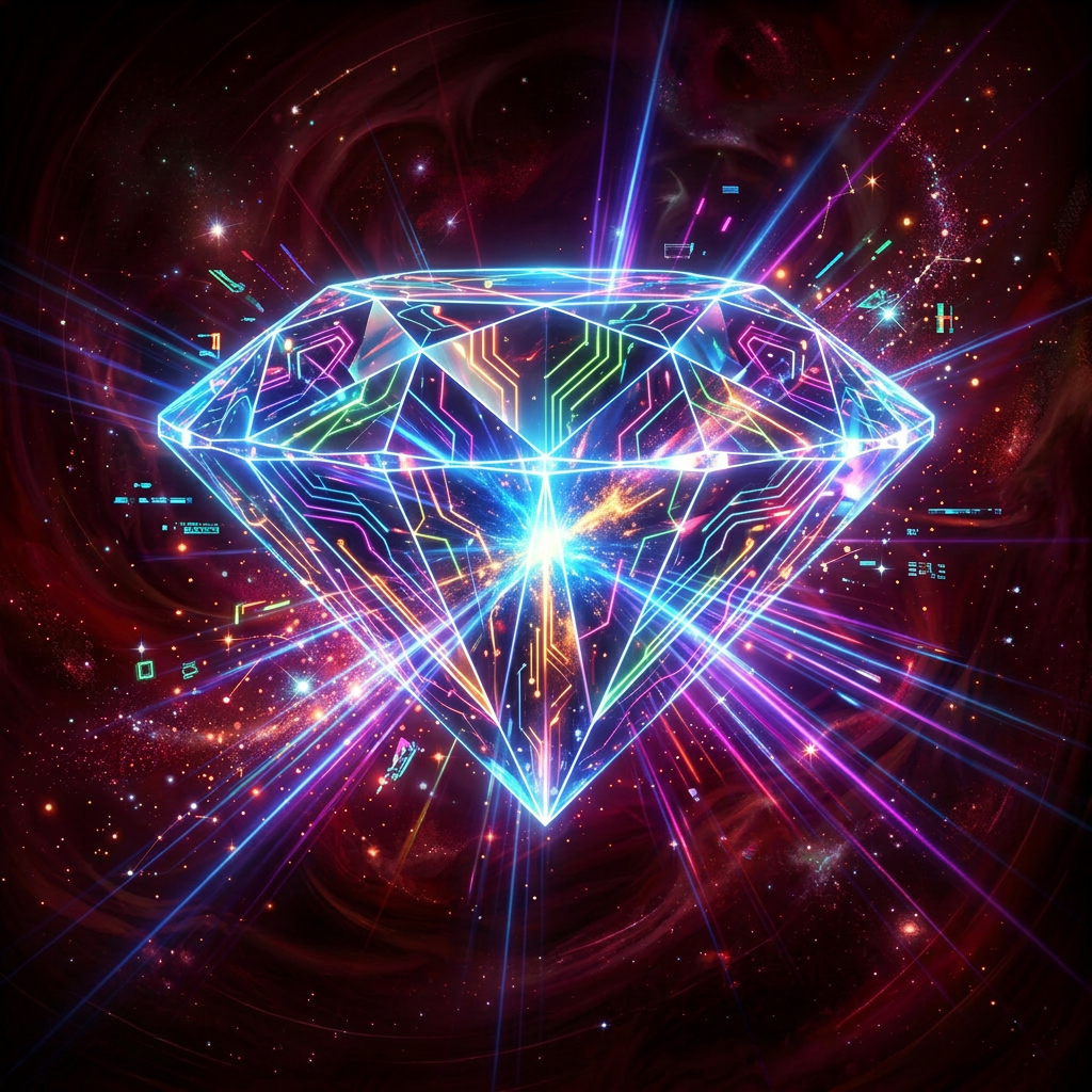 Futuristic neon digital diamond Glowing diamond with neon circuit-like patterns emitting colorful light beams