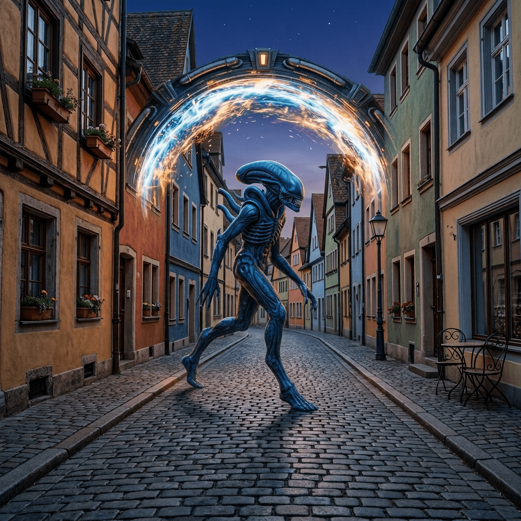 Alien creature stepping through a glowing circular portal in a dark industrial environment