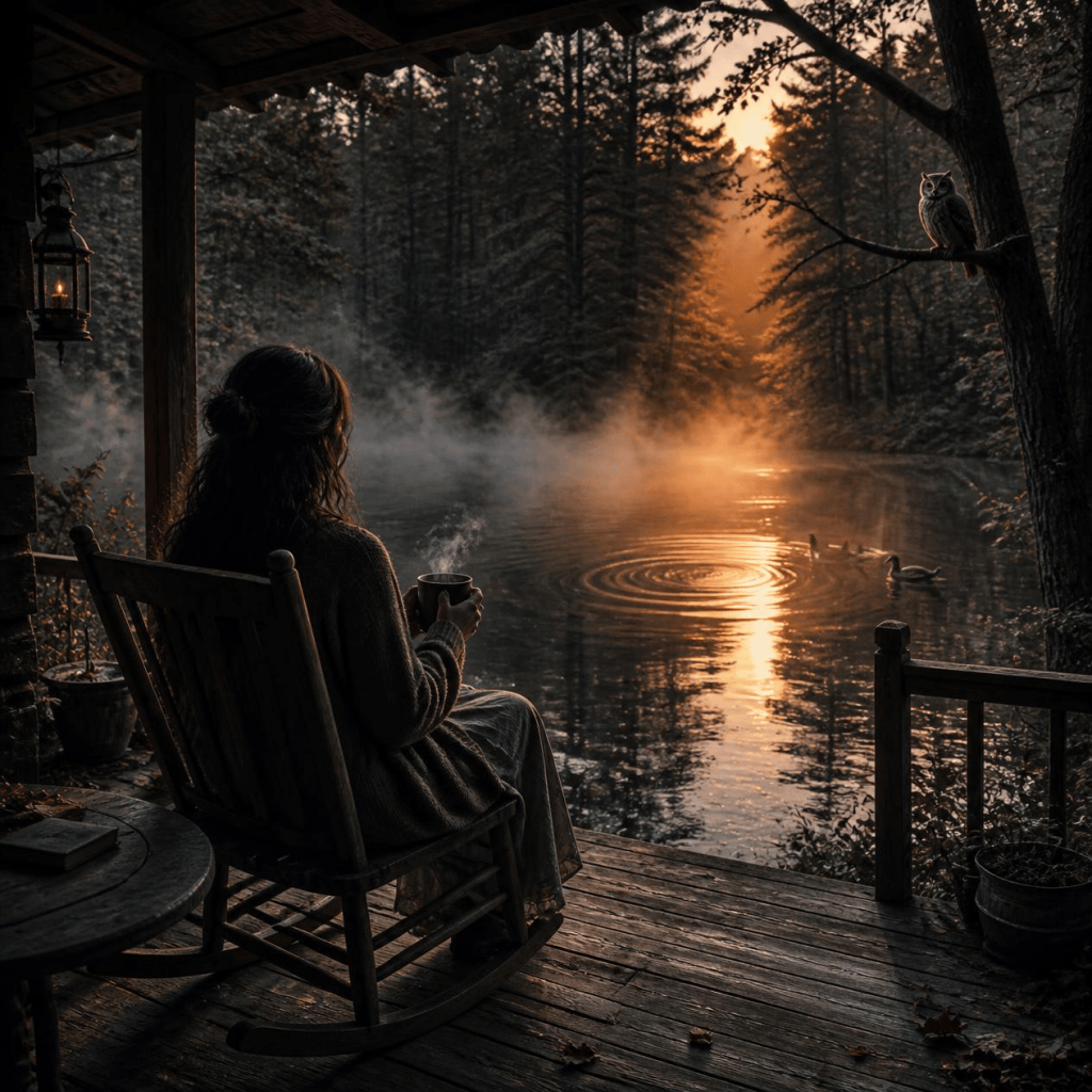 Woman sitting on the back deck of an old cottage, at sunset, overlooking a duck pond 